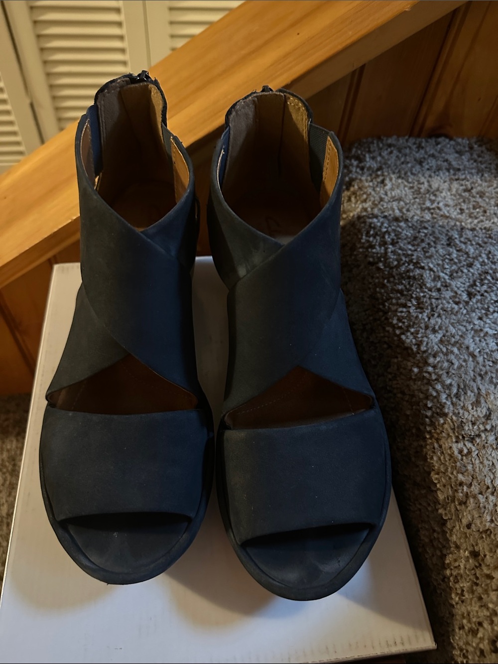 Clarks Navy Cross-Strap Wedge Sandals